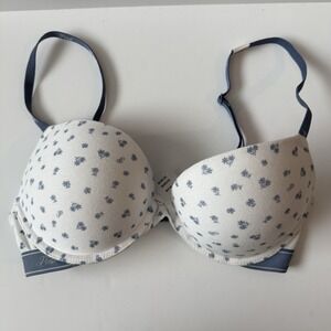 VICTORIA'S SECRET PINK Cotton Super Push-Up Bra 32D Floral Denim Blue